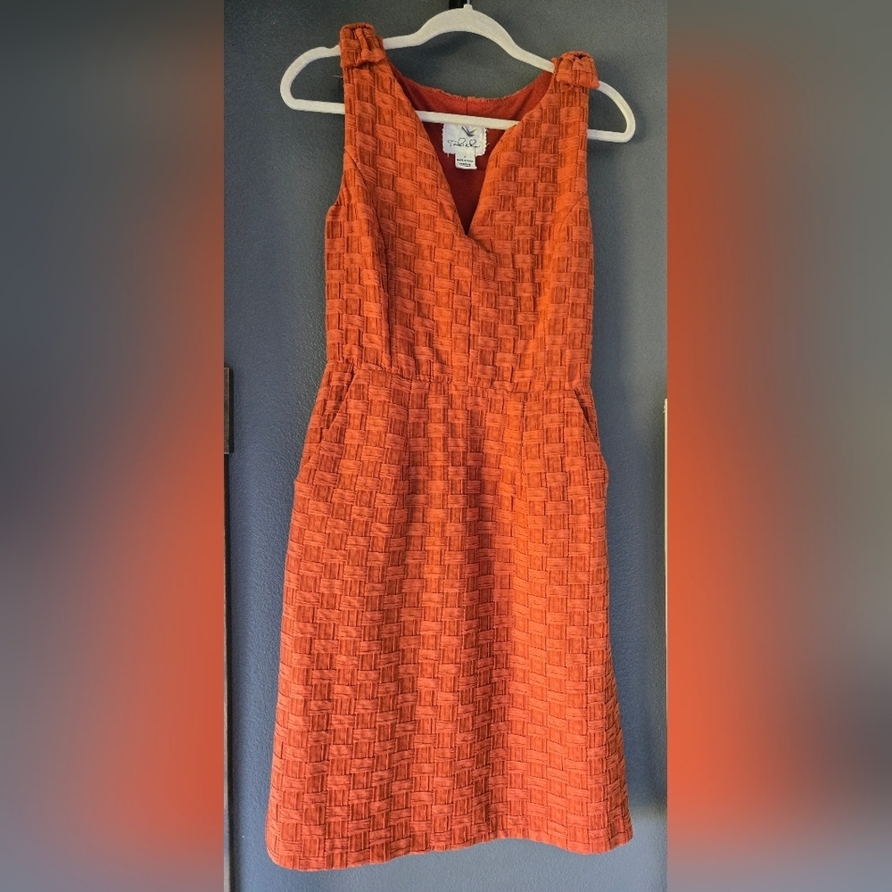 Anthropologie Tabitha Basketweave Textured Lined Pockets Dress 4 Quilted Rust